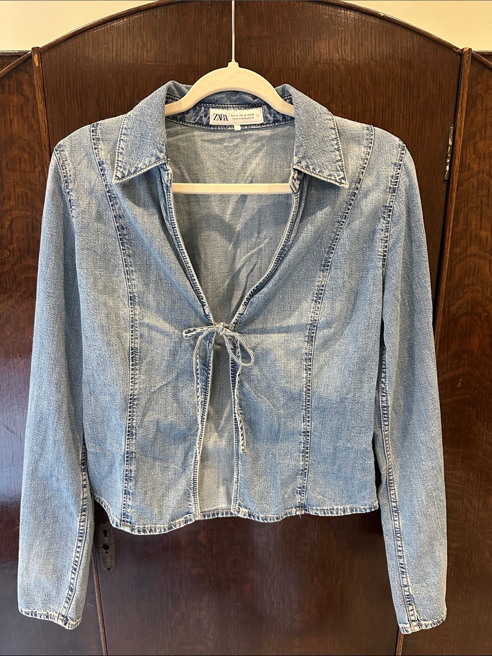 Zara Light Wash Denim Tie-Front Shirt
